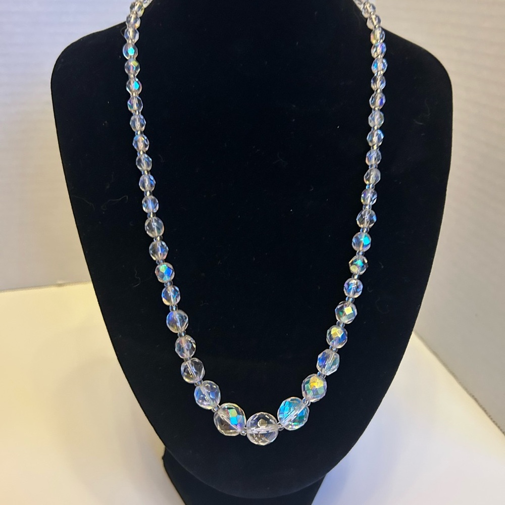 VTG crystal or glass faceted beaded 20” necklace spring ring metal chain